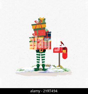 Carino elfo di Natale che porta regali in una scena invernale. Design del biglietto d'auguri per le festività Illustrazione Vettoriale