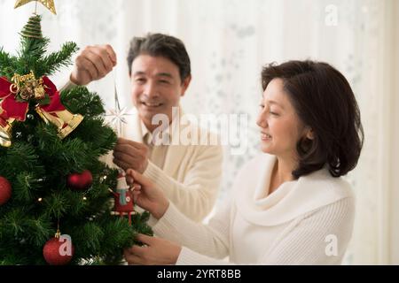 Una coppia di mezza età che decora un albero di Natale Foto Stock