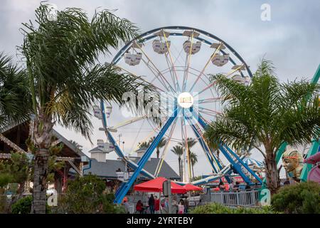 Ruota panoramica Kemah Board Walk, circondata da palme verdi. Foto scattata al Kemah Board Walk a Houston in Texas in una giornata nuvolosa Foto Stock