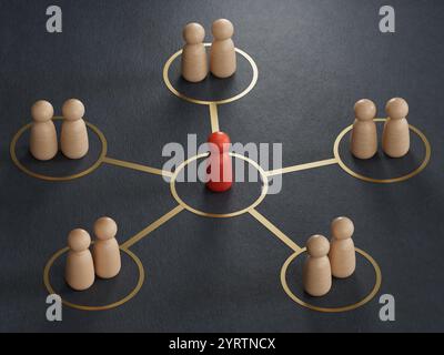 Gruppo di personaggi dei cartoni animati - concetto di social networking - illustrazione 3D.lavoro di squadra leader e successo.rendering 3D su sfondo nero. Foto Stock