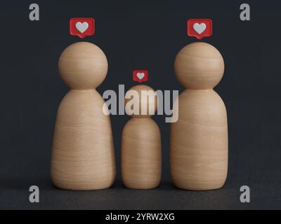 figure di legno PEG bambola di membri della famiglia su tavolo di legno, relazione di famiglia, casa di famiglia, cura di promozione, concetto di sostegno di carità senza tetto, menta famiglia Foto Stock