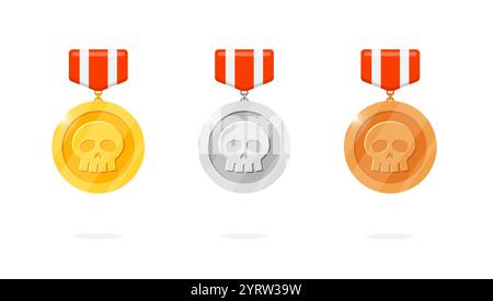 Set di distintivi con medaglie appese per il premio dei risultati di gioco con il simbolo del teschio e il nastro a strisce rosse. Il vincitore posiziona medaglione oro, argento, bronzo in tema pirata. Perfetto per l'animazione bonus leader di gioco Illustrazione Vettoriale