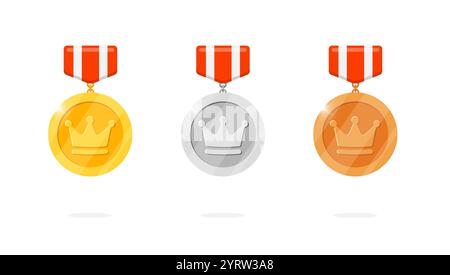 Set di distintivi con medaglie appese per il premio dei risultati di gioco con il simbolo della corona e il nastro a strisce rosse. Medaglia d'oro, d'argento, di bronzo in tema reale. Pacchetto di icone bonus leader di gioco e premio vincitore Illustrazione Vettoriale