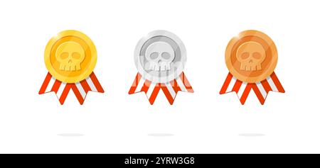 Set di icone della medaglia all'obiettivo di gioco con il simbolo del teschio e il nastro a strisce rosse. Il vincitore posiziona oro, argento, bronzo e medaglione di qualità nel tema dei pirati. Logo di animazione bonus leader di gioco Illustrazione Vettoriale
