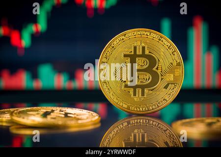 Concetto di investimento in Bitcoin e criptovaluta. Simbolo della criptovaluta Bitcoin d'oro davanti al grafico Rise and Fall di Bitcoin Foto Stock