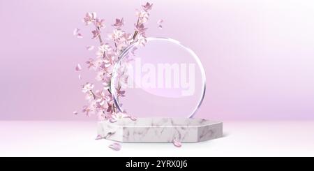 Delicata sakura rosa fiorisce su rami e petali volanti, podio esagonale in marmo minimalista e cerchio decorativo in vetro negli interni pastello della sala studio. piattaforma con fiori per vetrina. Illustrazione Vettoriale