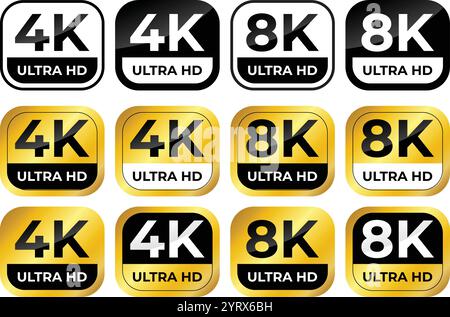 Set di icone vettoriali formato video 4K 8K Ultra HD. Simbolo dello schermo Web tv ad alta risoluzione, illustrazione vettoriale Illustrazione Vettoriale