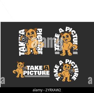 Scatta una foto. Personaggio gatto arancione che regge un disegno illustrativo della fotocamera Illustrazione Vettoriale