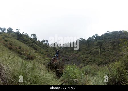 Una persona si erge trionfalmente su un affioramento roccioso nella panoramica valle di Volcan el Ajusco, circondata da vegetazione lussureggiante e bellezze naturali. L'escursionista, W Foto Stock