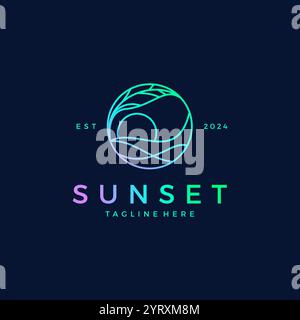 Vettore del logo Sunset. Foglia di sole con logo Wave Illustrazione Vettoriale