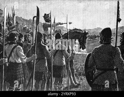 Bannockburn: Bruce rivede le sue truppe prima della battaglia. I kilt come questo non esistevano nel periodo di Bruce, ma risalgono a circa 1690 anni '1720 La battaglia di Bannockburn (gaelico scozzese: BL?r Allt nam B?nag o BL?r Allt A' Bhonnaich) fu combattuta il 23 e 24 giugno 1314, tra l'esercito di Roberto i di Scozia e l'esercito di Edoardo II d'Inghilterra, durante la prima guerra d'indipendenza scozzese. Foto Stock