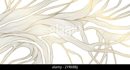 Rami d'albero con linea dorata vettoriale, sfondo floreale di lusso organico. Illustrazione moderna di qualità forestale, carta da parati. Illustrazione Vettoriale