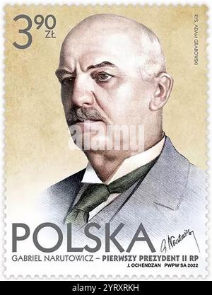 1922, francobollo commemorativo raffigurante Gabriel Jozef Narutowicz (1865 ? 16 dicembre 1922), politico polacco che fu il primo presidente della Polonia dall'11 dicembre 1922 fino al suo assassinio il 16 dicembre, cinque giorni dopo aver assunto l'incarico. In precedenza è stato Ministro dei lavori pubblici dal 1920 al 1922 e brevemente Ministro degli affari Esteri nel 1923 Foto Stock