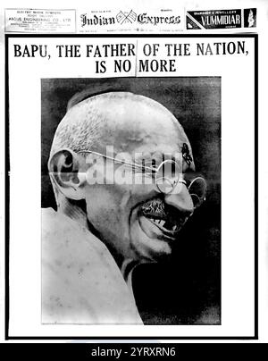 Prima pagina di giornale che riporta sulla morte di Mahatma Gandhi. A cui è stato sparato Gandhi al petto tre volte in un punto vuoto durante un incontro di preghiera multireligiosa a Birla House a nuova Delhi il 30 gennaio 1948 Foto Stock