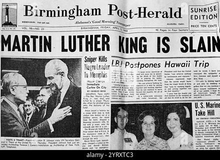 Copertura stampa dell'assassinio di Martin Luther King Jr. (1929 ? 1968), ministro battista americano, attivista e filosofo politico che fu uno dei leader più importanti nel movimento per i diritti civili dal 1955 fino al suo assassinio nel 1968. Foto Stock