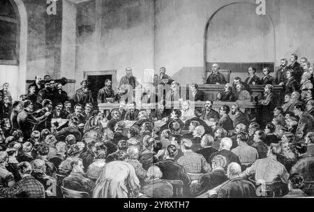 Processo di Charles Julius Guiteau (1841 ? 1882) assassinò James A. Garfield, il ventesimo presidente degli Stati Uniti, nel 1881. Guiteau credeva di aver giocato un ruolo importante nella vittoria elettorale di Garfield, per la quale avrebbe dovuto essere premiato con un consolato. Si sentì frustrato e offeso dal rifiuto dell'amministrazione Garfield delle sue richieste di servire a Vienna o Parigi a tal punto che decise di uccidere Garfield e di sparargli alla stazione ferroviaria di Baltimora e Potomac a Washington, D.C. Garfield morì due mesi dopo a causa di infezioni legate alle ferite. Nel gennaio 1882 Foto Stock
