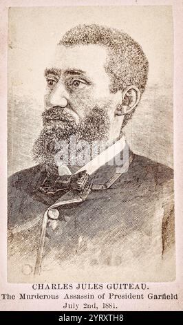 Charles Julius Guiteau (1841 1882) assassinò James A. Garfield, il ventesimo presidente degli Stati Uniti, nel 1881. Guiteau credeva di aver giocato un ruolo importante nella vittoria elettorale di Garfield, per la quale avrebbe dovuto essere premiato con un consolato. Si sentì frustrato e offeso dal rifiuto dell'amministrazione Garfield delle sue richieste di servire a Vienna o Parigi a tal punto che decise di uccidere Garfield e di sparargli alla stazione ferroviaria di Baltimora e Potomac a Washington, D.C. Garfield morì due mesi dopo a causa di infezioni legate alle ferite. Nel gennaio 1882, Guiteau Foto Stock