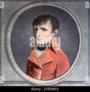 Stampa colorata a mano di Napoleone Bonaparte come primo console di Francia. Di Levachez , dopo un ritratto di Boilly Foto Stock