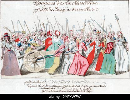 I giorni di ottobre, un evento significativo nella Rivoluzione francese. La marcia iniziò tra le donne nei mercati di Parigi che, la mattina del 5 ottobre 1789, protestavano per l'alto prezzo del pane. I disordini si intrecciarono rapidamente con le attività dei rivoluzionari che cercavano riforme politiche liberali e una monarchia costituzionale per la Francia. Saccheggiarono l'armeria della città in cambio di armi e marciarono sulla Reggia di Versailles. La folla assediò il palazzo e costrinse il re e la sua famiglia a tornare con loro a Parigi. Foto Stock