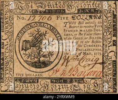 United Colonies, banconota da cinque dollari, 1775, valuta statunitense emessa durante l'era coloniale fino all'indipendenza. Foto Stock