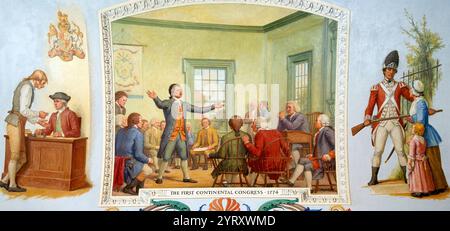 I delegati di dodici delle tredici colonie che avrebbero infine aderito alla guerra d'indipendenza americana si incontrarono dal 5 settembre al 26 ottobre 1774 a Carpenter's Hall a Filadelfia per discutere le risposte all'aumento dell'oppressione britannica. Questa convenzione, il primo Congresso continentale, dichiarò formalmente che i coloni avrebbero dovuto avere gli stessi diritti degli inglesi; essi accettarono anche di formare l'Associazione continentale, che chiedeva la sospensione del commercio con la Gran Bretagna. Il murale raffigura un'orazione di Patrick Henry nella Carpenters' Hall. Foto Stock