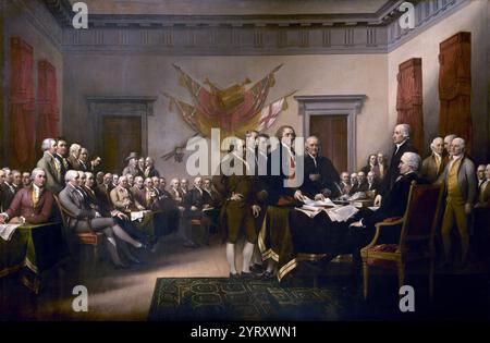 Il dipinto di John Trumbull, Declaration of Independence, raffigurante il comitato di redazione di cinque uomini della dichiarazione di indipendenza che presenta il loro lavoro al Congresso. Foto Stock