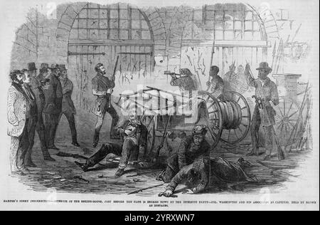 Harper's Ferry Insurrection - interno della Engine-House, appena prima che il cancello venga distrutto dal gruppo che assalì - il colonnello Washington e i suoi associati come prigionieri, detenuti da Brown come ostaggi. Il raid di John Brown su Harpers Ferry fu un tentativo dell'abolizionista John Brown, dal 16 al 18 ottobre 1859, di avviare una rivolta di schiavi negli stati Uniti meridionali prendendo il controllo dell'arsenale degli stati Uniti a Harpers Ferry, Virginia (dal 1863, Virginia Occidentale). È stata chiamata la prova generale per la guerra civile americana, o tragico preludio alla guerra civile americana. Foto Stock