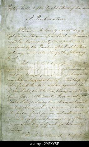 Il 22 settembre 1862, il presidente Abraham Lincoln emise il suo Proclamation Proclamation, che affermava che gli schiavi in quegli stati o parti di stati ancora in ribellione a partire dal 1° gennaio 1863, sarebbero stati liberi. Foto Stock
