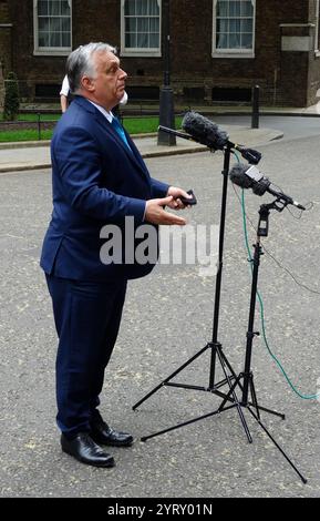 Viktor Orban in visita a Boris Johnson a Londra il 28 maggio 2021. Viktor Mihaly Orban (nato nel 1963) è un politico ungherese, primo ministro dell'Ungheria dal 2010; è stato anche primo ministro dal 1998 al 2002. È stato anche presidente del Fidesz, un partito politico conservatore nazionale, dal 1993, con una breve pausa tra il 2000 e il 2003. Foto Stock