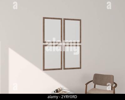 Quattro cornici in legno mockup su parete bianca con riflesso di luce naturale, set di opere d'arte da galleria. Foto Stock