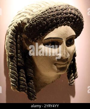 Maschera mummia, scoperta a Minya, Egitto. 1st ° secolo d.C. Lino, intonaco e vernice. Egiziano romano Foto Stock