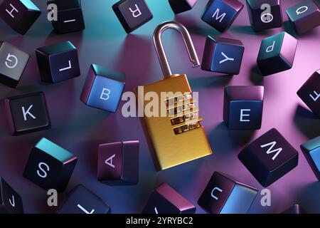 Lucchetto a combinazione dorato tra i tasti neri della tastiera sotto l'illuminazione al neon. Illustrazione 3D del concetto di sicurezza informatica e sicurezza delle password Foto Stock