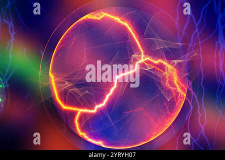 Le macchie astratte sono una sfera blu-rossa luminosa su sfondo scuro. Foto Stock