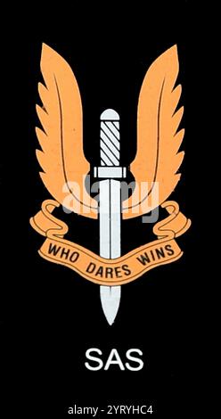 Distintivo dello Special Air Service (SAS), unità delle forze speciali dell'esercito britannico. Il SAS fu fondato nel 1941 come reggimento e successivamente ricostituito come corpo d'armata nel 1950. L'unità è specializzata in una serie di ruoli tra cui antiterrorismo, salvataggio di ostaggi, azione diretta e ricognizione segreta. Foto Stock