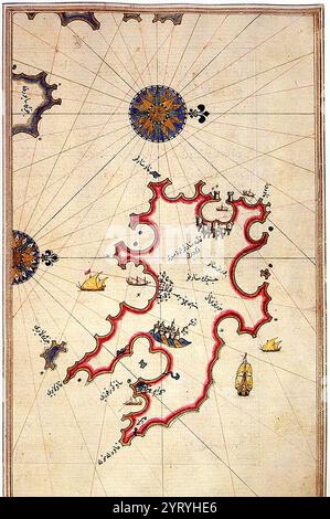 RAID delle isole Baleari da parte dell'Impero Ottomano nel 1558, contro il territorio asburgico spagnolo delle isole Baleari. Mappa di Minorca di Piri Reis, 1558. Foto Stock