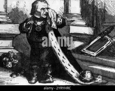 Addio, un lungo addio, a tutta la mia grandezza! Caricatura che mostra Andrew Johnson, vestito da re, che piange. Illus. In: Harper's Weekly, 1869. Il 24 febbraio 1868, quando la camera dei rappresentanti degli Stati Uniti approvò una risoluzione per incolpare Andrew Johnson, il diciassettesimo presidente degli Stati Uniti, per "alti crimini e reati". Foto Stock