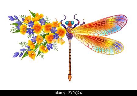 Artisticamente dipinta, libellula floreale in arancione e viola a contrasto con papavero californiano giallo, luminoso e fiorente e fiori selvatici blu su b bianco Illustrazione Vettoriale