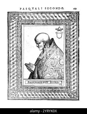 Papa Pasquale II (1055?1118), Papa (1099 ? 1118). La controversia sull'investitura tra papa Pasquale II e re Enrico i d'Inghilterra durò tra il 1103 e il 1107. La risoluzione del conflitto, il concordato di Londra, fu firmata nel 1107. Enrico i d'Inghilterra rinunciò al suo diritto di investire i suoi vescovi e abati, riservandosi l'abitudine di richiedere loro di giurare omaggio per le "temporalità" (proprietà terriere legate alla chiesa. La controversia sulle investiture rafforzò il potere secolare del re. Foto Stock