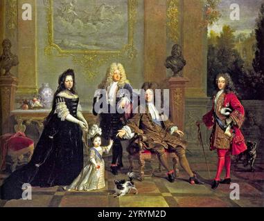 Ritratto della successione borbonica, realizzato nel periodo 1715-1720. Al centro del ritratto c'è il Re Sole, Luigi XIV, il più illustre della sua dinastia. Suo padre (Luigi XIII) e il nonno (Enrico IV) sono mostrati come busti. Alla destra del re c'è suo figlio, Luigi il Gran Delfino; alla sinistra del re c'è il suo nipote maggiore, Luigi, Duca di Borgogna. Entrambi premorti Luigi XIV. Il re gesta al suo pronipote, il duca? Angiò, il futuro Luigi XV (1710-74), simboleggiando l'approvazione del giovane erede da parte dell'uomo anziano. Madame de Ventadour, la governante del giovane duca (e l'unica non-reale in Foto Stock