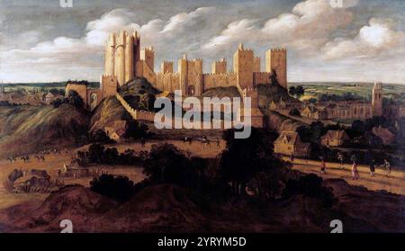 Castello di Pontefract, Pontefract, West Yorkshire, Inghilterra di Alexander Keirincx (1600?1652). All'inizio di dicembre 1536, il pellegrinaggio di Grazia si riunì al castello di Pontefract per redigere una petizione da presentare a re Enrico VIII con una lista delle loro richieste. La petizione dei comuni fu data al duca di Norfolk da presentare al re. Il pellegrinaggio di Grace fu una rivolta popolare iniziata nello Yorkshire nell'ottobre del 1536, prima di diffondersi in altre parti dell'Inghilterra settentrionale tra cui Cumberland, Northumberland, Durham e Lancashire settentrionale, sotto la guida di Robert Aske. Foto Stock