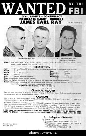 James Earl Ray è mostrato su un poster dell'FBI, il 20 aprile 1968. Ray è ricercato in relazione all'uccisione di cecchini del leader dei diritti civili Dr. Martin Luther King Jr. (AP Photo) Foto Stock
