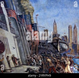 Affresco-secco dipinto nel 1937 da Reginald Marsh come parte del Treasury Relief Art Project. I murales più grandi ritraggono l'attività di spedizione nel porto di New York e nel New Jersey, si trovano nella Alexander Hamilton U.S. Custom House (originariamente New York Custom House), un edificio governativo, museo ed ex casa doganale al 1 Bowling Green, vicino all'estremità meridionale di Manhattan a New York City, New York, Stati Uniti. Foto Stock