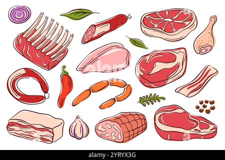 Set di carne colorata in stile art di linea. Salsicce e tagli, costolette, bistecche, pancetta, pollo e prosciutto, erbe fresche, aglio e peperoncino. Perfetto Illustrazione Vettoriale