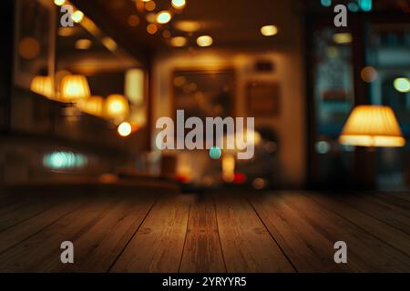 Vista ravvicinata di un piano in legno rustico con sfondo sfocato di un interno del bar poco illuminato. sfondo tavolo da cucina, ripiano in legno su sfocatura Foto Stock