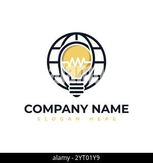 Moderno logo di un'idea creativa tecnologica delle lampadine con il globo. Illustrazione vettoriale Illustrazione Vettoriale