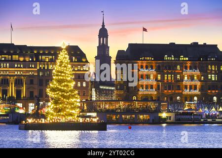 Blick über die Binnenalster zum Jungfernstieg mit Alstertanne, Michel, Weihnachtsmarkt und Weihnachtsdekoration ad Amburgo, Deutschland, Europa *** Vista sul Binnenalster al Jungfernstieg con abete di Alster, Michel, mercato di Natale e decorazioni natalizie ad Amburgo, Germania, Europa Foto Stock