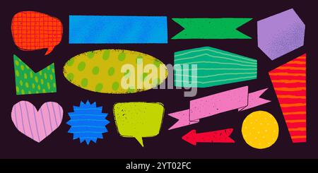 Forme semplici con vari motivi in stile rustico rustico rustico. Scatole di testo vintage, striscioni e altri moduli disegnati a mano con texture e motivi. Mano Illustrazione Vettoriale