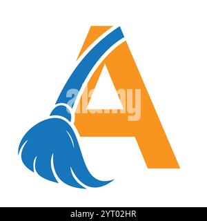 Logo per la pulizia iniziale sulla lettera A Combine with Cleaning Brush Symbol Concept for Cleaning Service, Repair and House Maintenance Sign Illustrazione Vettoriale