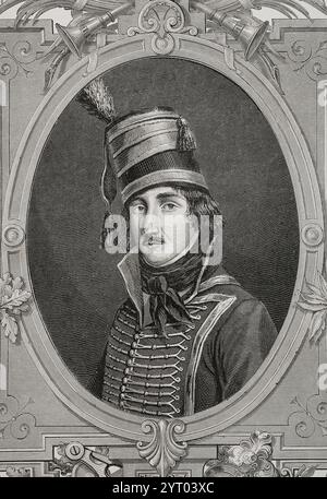 Francesco Séverin Marceau (1769-1796). Generale francese delle Guerre rivoluzionarie. Verticale. Incisione. Storia Foto Stock