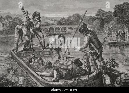 Rivoluzione francese. Esecuzioni di massa per annegamento durante il regime del terrore a Nantes, in Francia. Si è giocato dal novembre 1793 al febbraio 1794. Chiunque sia stato arrestato e imprigionato per non aver sostenuto la Rivoluzione, o sospettato di essere un simpatizzante realista, in particolare sacerdoti e suore cattolici, fu gettato nel fiume Loira e annegato per ordine di Jean-Baptiste Carrier, il rappresentante in missione a Nantes. Disegno di H. de la Charlerie. Incisione. Storia Foto Stock